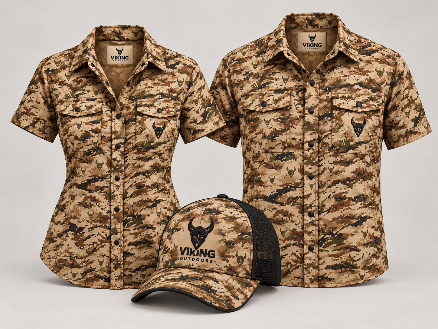 Viking Outdoors apparel set with women's shirt, men's shirt, and matching hat