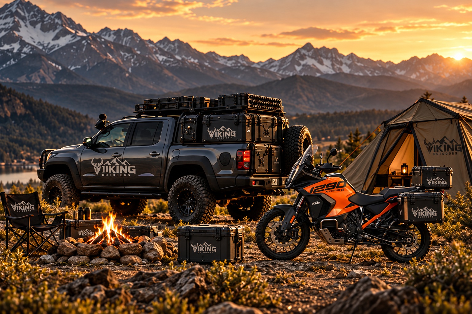 Viking overlanding vehicle with adventure motorcycle and ground tent