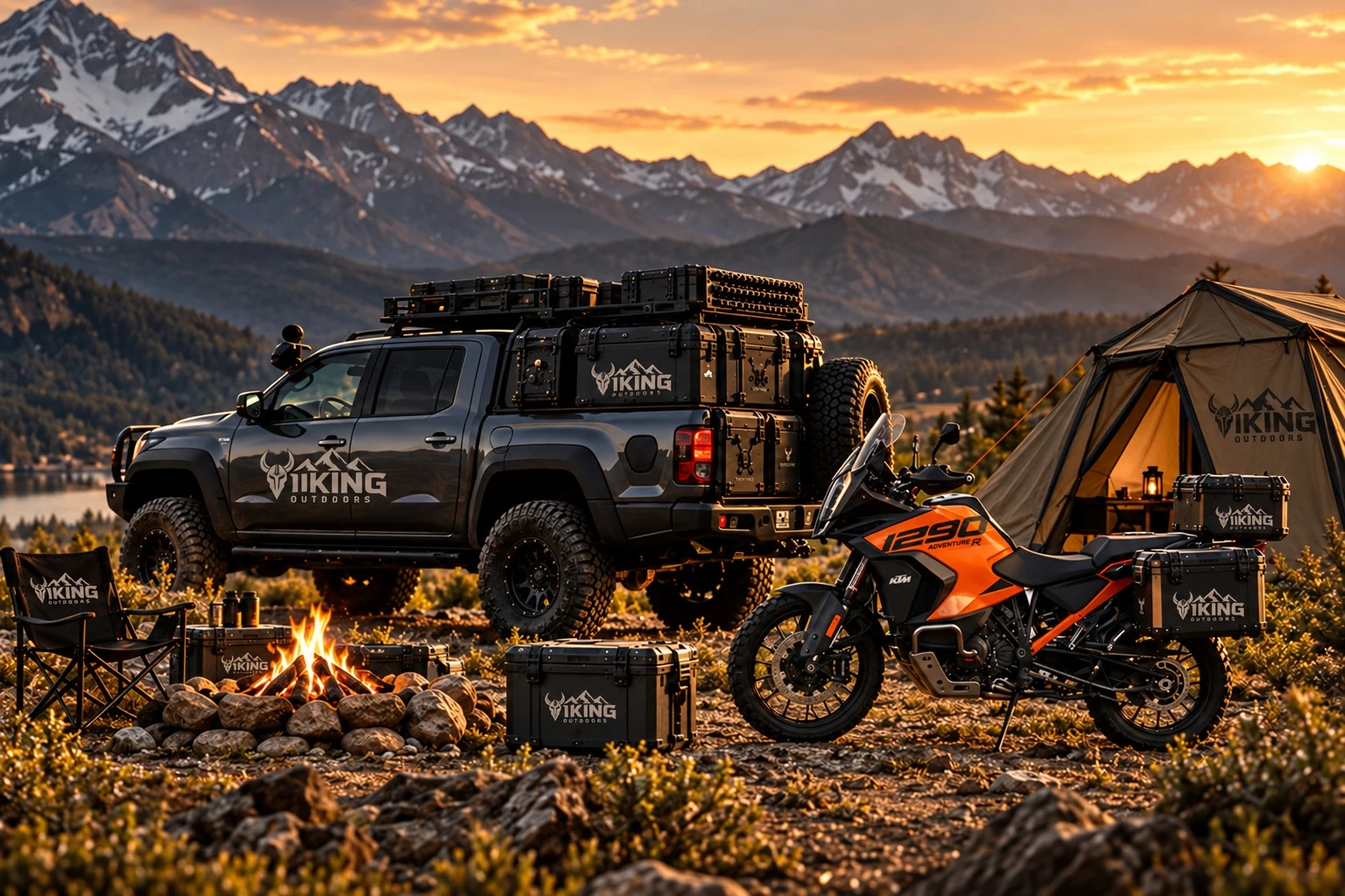 Viking overlanding vehicle with adventure motorcycle and ground tent